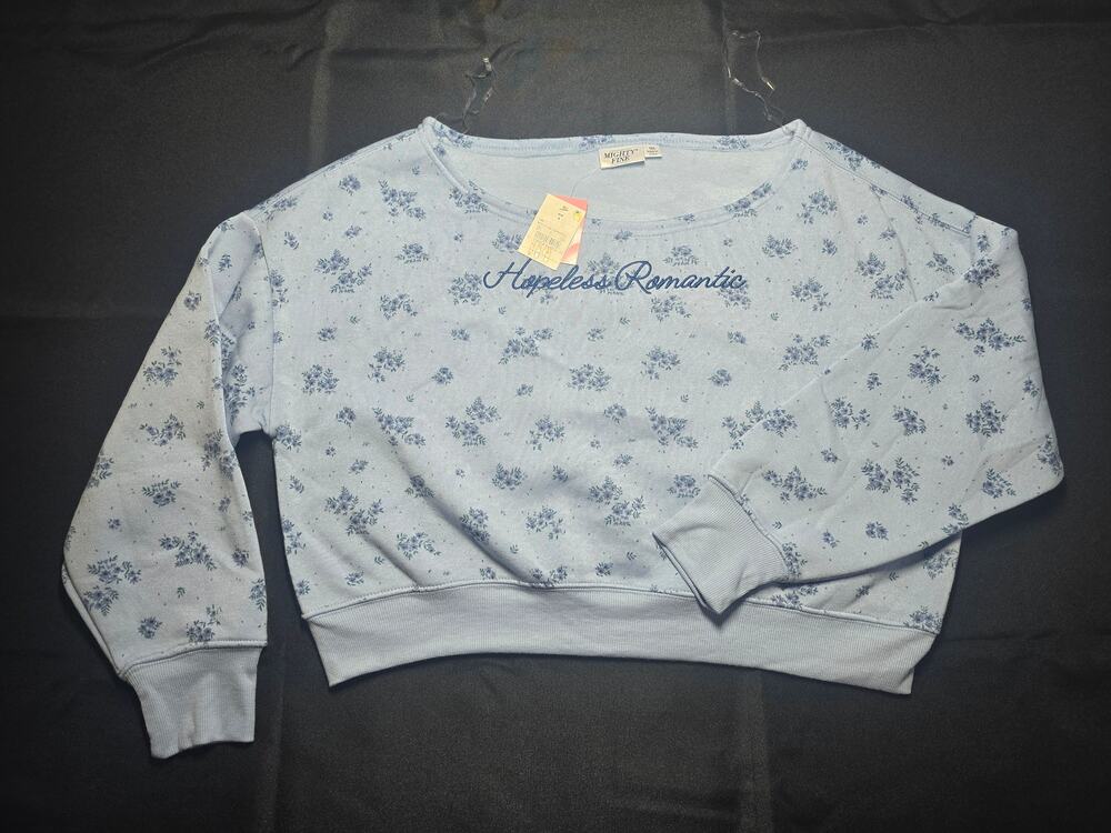 Mighty Fine Hopeless Romantic Blue Floral Cropped Sweatshirt Embroidered